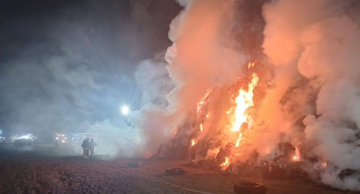 Pożar sterty około 600 bel słomy w miejscowości Wesołówka. Fot. KP PSP w Łukowie