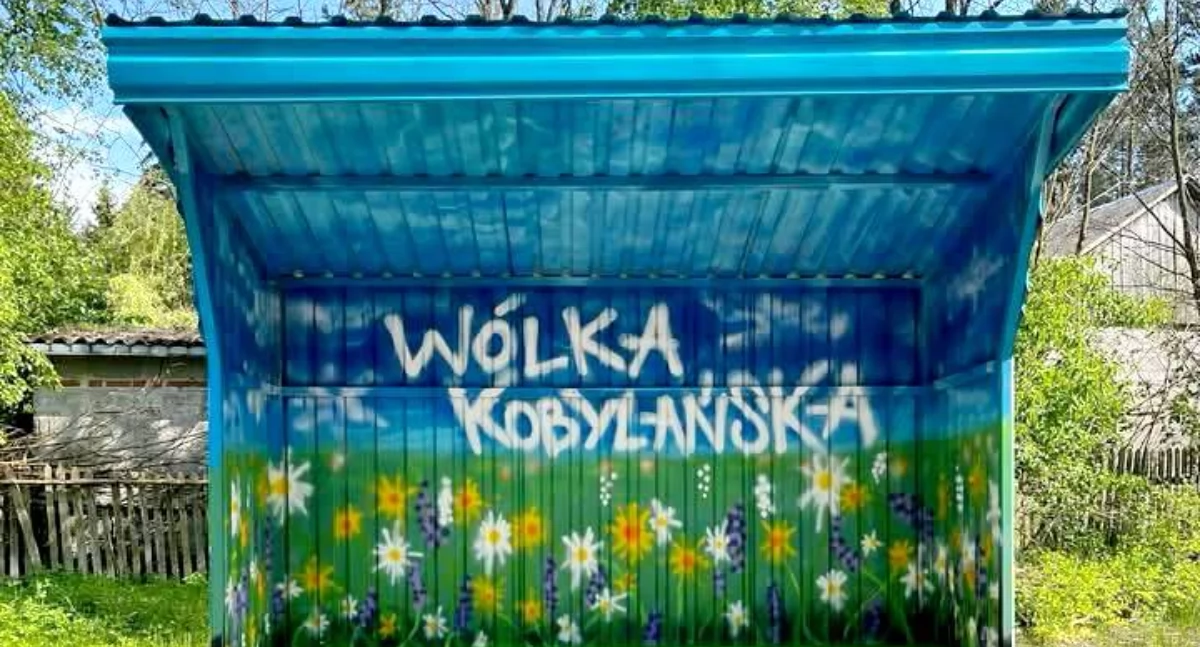 Drogi, Przystanek autobusowy zamienił kolorową łąkę - zdjęcie, fotografia