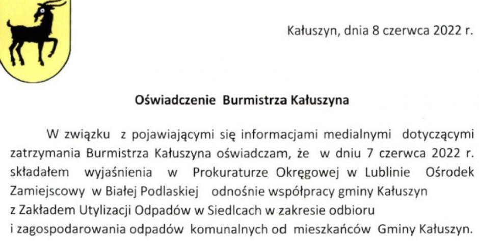 Burmistrz Kałuszyna zajął stanowisko w sprawie dotyczącej zatrzymania przez CBA prezes siedleckiego ZUO.   - fot. red.