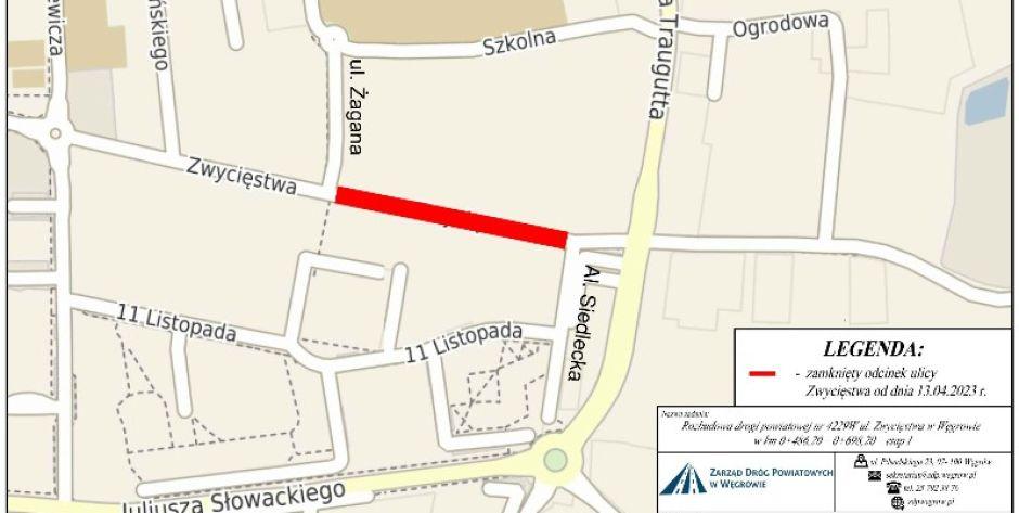 Mapa z zaznaczonym odcinkiem ulicy, który będzie zamknięty. Źródło: ZDP w Węgrowie   - fot. .