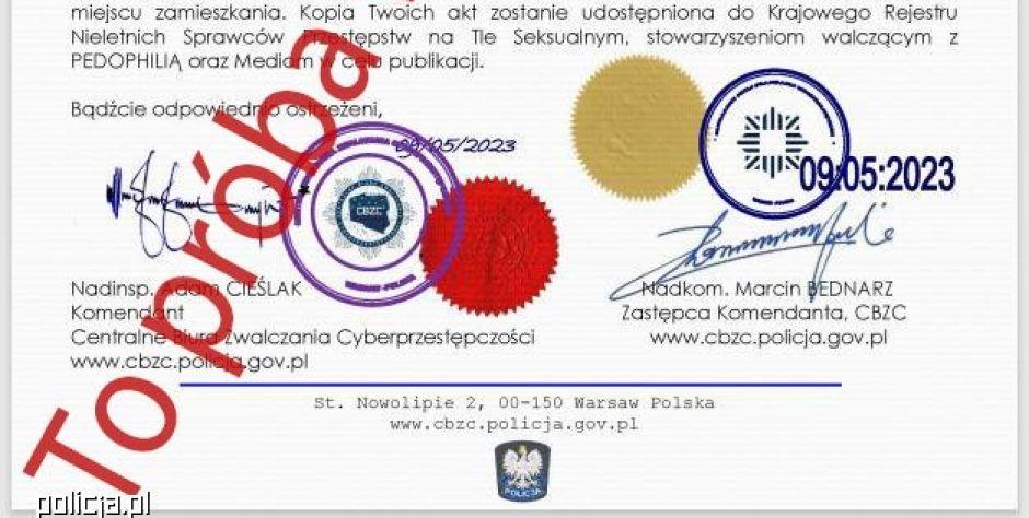 Fałszywy e-mail rozsyłany przez oszustów rzekomo pochodzący od zastępcy Komendanta Centralnego Biura Zwalczania Cyberprzestępczości nadkom. Marcina Bednarza - fot. KMP Siedlce