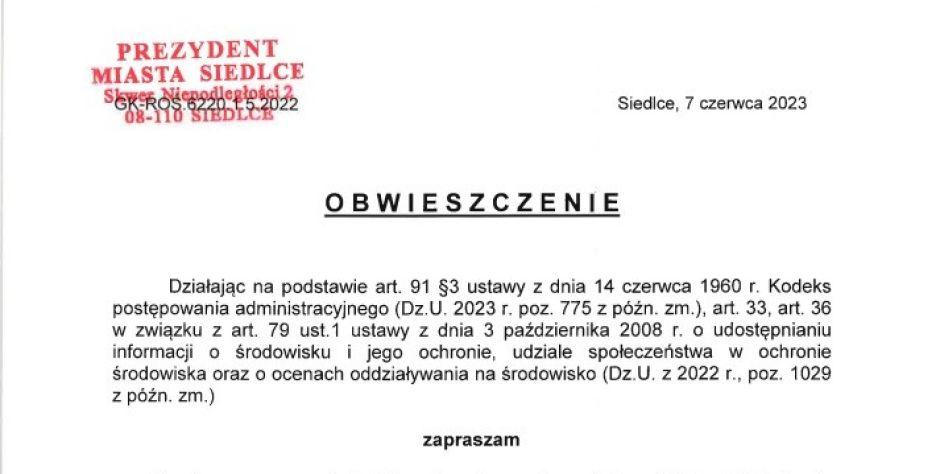 Obwieszczenie w sprawie rozprawy administracyjnej dot. budowy spalarni w Siedlcach.  - fot. pismo
