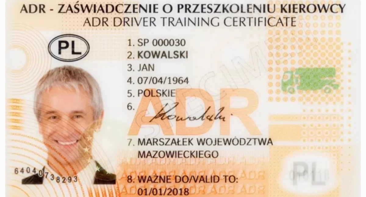 Zaświadczenie ADR - wzór. Fot. KPP Węgrów
