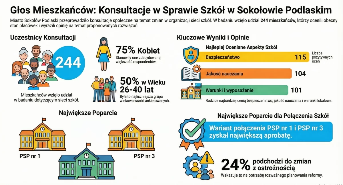 Sokołów Podlaski podsumował konsultacje w sprawie sieci szkół, infografika AI