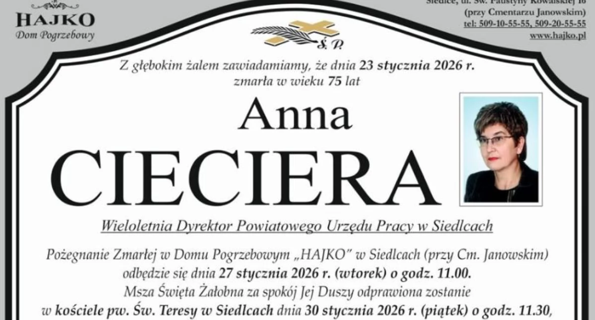 Odeszli, Zmarła Cieciera wieloletnia dyrektor Powiatowego Urzędu Pracy Siedlcach - zdjęcie, fotografia