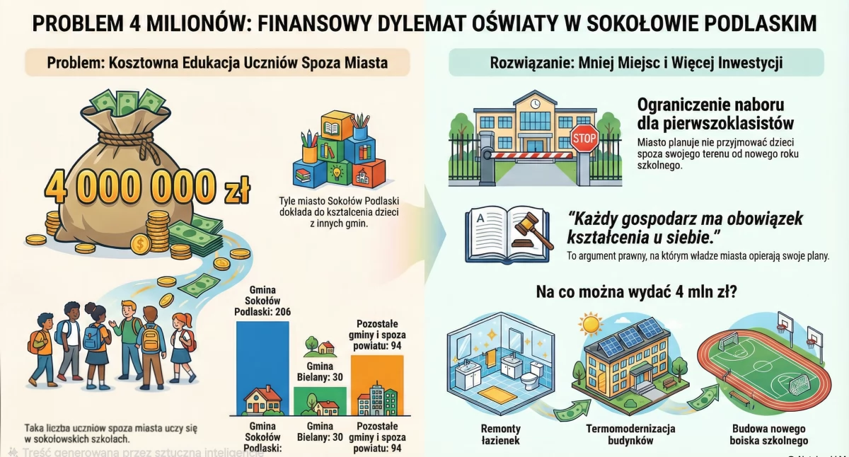Sokołów Podlaski: Samorząd wydaje 4 mln zł na 330 dzieci uczących się w miejskich szkołach, a mieszkających poza miastem. Infografika wytworzona przez AI