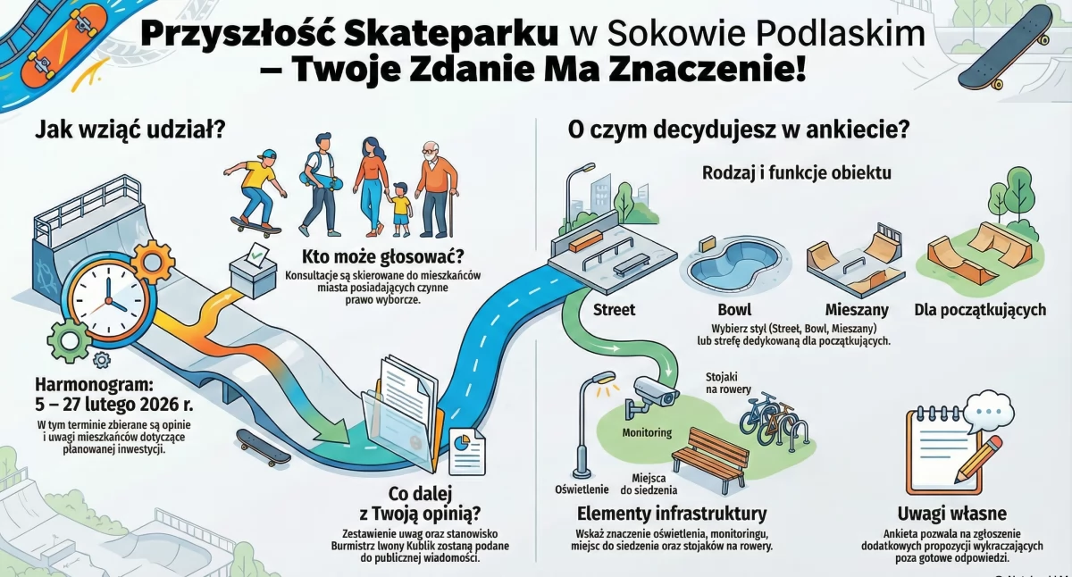 Konsultacje w sprawie skate parku w Sokołowie Podlaskim, infografika AI