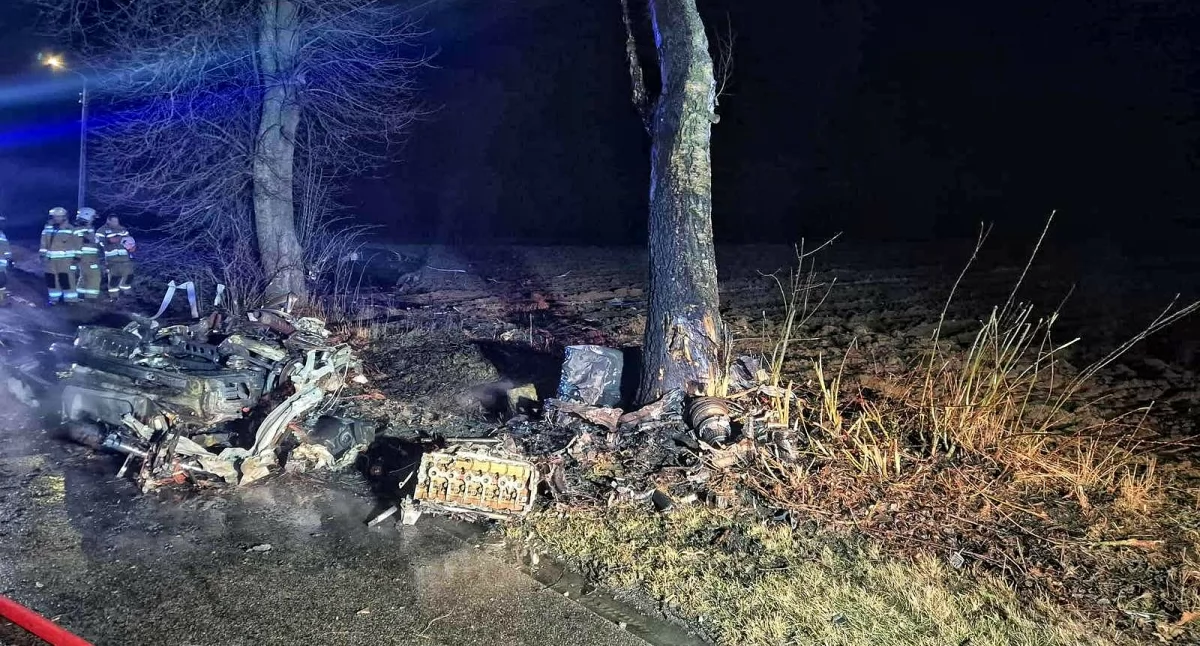 Śmiertelny wypadek w Pieńkach. Samochód uderzył w drzewo i stanął w ogniu - fot. OSP Wiśniew