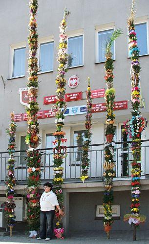 Dyrektorka Gminnego Ośrodka Kultury, Wanda Szaniawska, przy najwyższych palmach wykonanych przez mieszkańców wsi gminy Łuków. Fot. PGL - fot. 