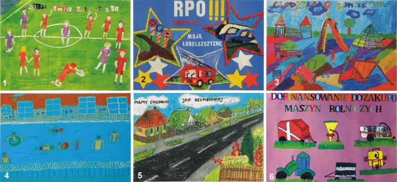 Nagrodzone rysunki autorów z regionu łukowskiego. 1. Praca Angeliki Olszewskiej z Adamowa; 2. Plakat wykonany przez uczennice z SP w Krzówce; 3. Rysunek spółki autorskiej z SP w Ulanie; 4. Nagrodzony rysunek Kamili Gryczki z SP w Anielinie; 5. Nowy chodni - fot. 