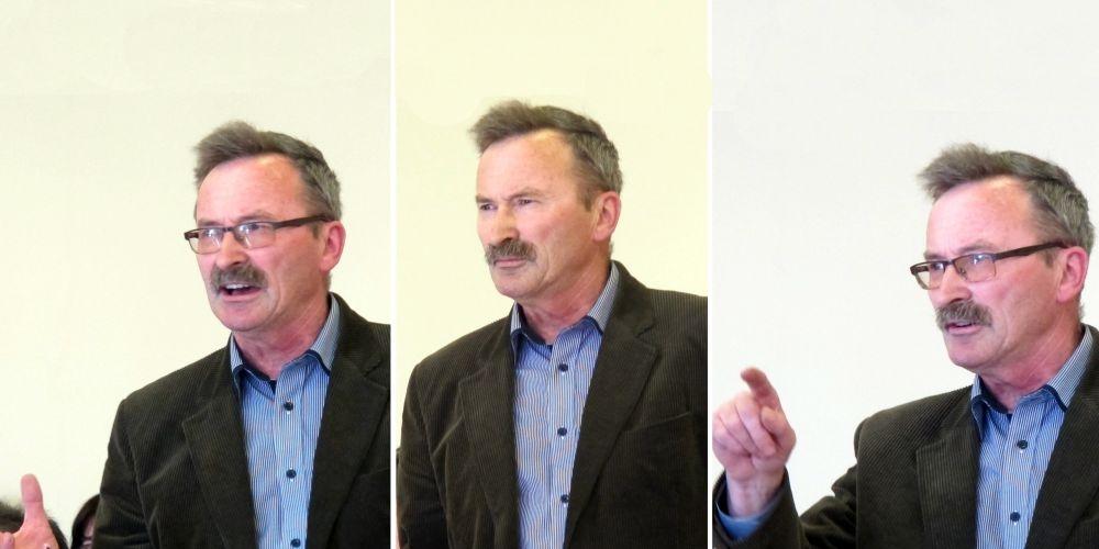 Radny powiatowy Andrzej Wisiński ze Stoczka Łukowskiego, gdy przemawia, często przybiera teatralne pozy. Fot. PGL